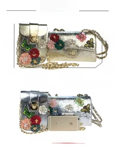 Detailed size specifications for satin floral clutch set with 3D beaded flower accents