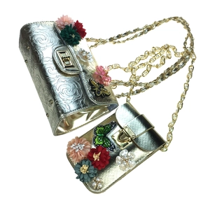 Gold set with rose embossed shoulder bag and beaded flower mobile pouch with chain