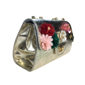 Golden embossed rose handbag with 3D satin flowers and crystal bee on chain strap