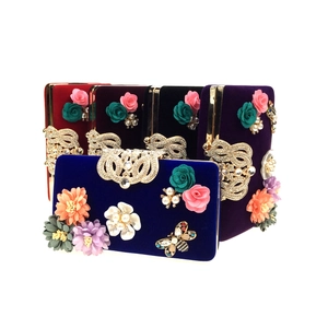 Evening Clutch Bag Velvet 3D Satin Flowers Artificial Pearls Rhinestones Wedding Party Handbag For Women With Detachable Chain