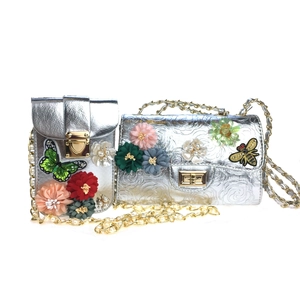 Silver satin evening bag set with 3D floral beads, sequins and pearl chain strap