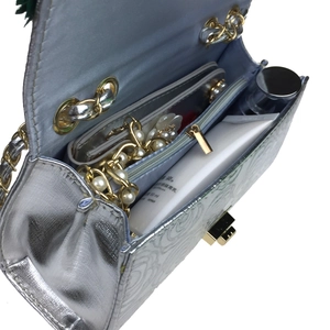 Silver satin evening clutch with 3D floral texture and golden chain strap for women