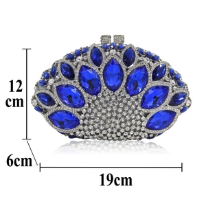 Blue crystal evening clutch bag with marquise stones, size 19cm x 12cm x 6cm