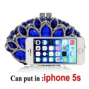Detailed size comparison of the blue rhinestone evening bag with an iPhone 5s