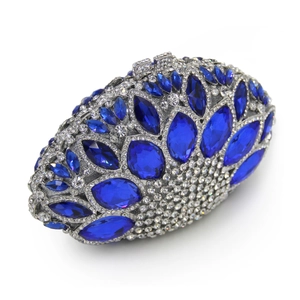 Macro detail of the navy blue marquise crystal and silver rhinestone evening clutch bag