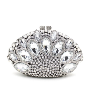 Elegant rhinestone evening clutch featuring marquise crystal pattern and silver metal frame