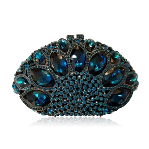Luxury oval evening clutch with blue crystal rhinestones and marquise gemstone design