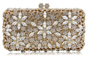 Luxury rhinestone evening clutch bag with crystal flower pattern and gold metal frame
