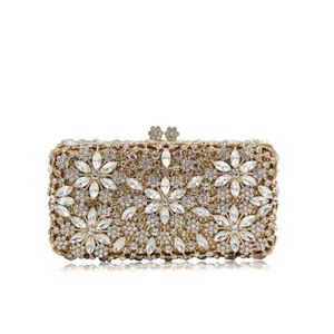 Elegant gold hollowed crystal evening clutch bag with sparkling rhinestone floral patterns