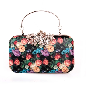 Elegant black evening clutch bag with colorful floral prints and a gold rhinestone handle