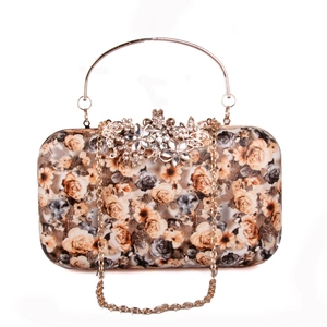 Detailed view of luxury floral rose print clutch bag with diamond-encrusted flower clasp