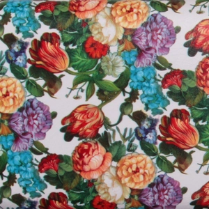 Close-up of vibrant oil painting style floral rose print on evening clutch fabric