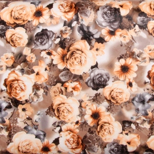 Close-up of vintage rose and floral print pattern on elegant evening clutch bag fabric