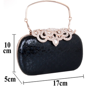 Detail of evening clutch bag with rose gold handle and diamond buckle, size 17x10x5cm