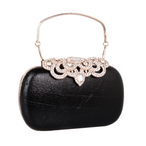 Detail of black PU leather clutch bag featuring a diamond-encrusted gold metal handle