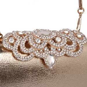Elegant gold PU evening clutch bag with sparkling diamond flower pattern and gold chain