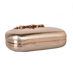 Detail of champagne gold clutch with crystal buckle and textured metallic finish