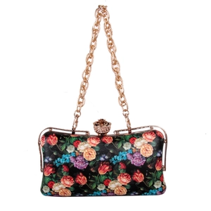 Floral print evening clutch bag with rose pattern and gold flower rhinestone clasp