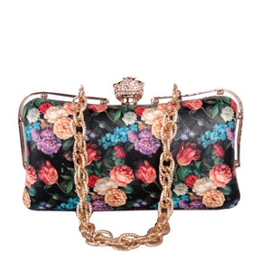 Floral Print Evening Clutch Bag PU Leather Rhinestone Flower Clasp Vintage Party Handbag With Metal Chain Strap For Women