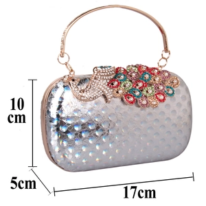 Silver sequin peacock evening clutch with colorful rhinestones and size dimensions