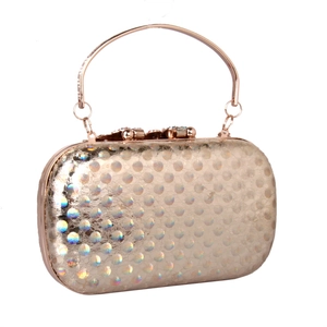 Detailed view of rose gold evening clutch featuring holographic laser texture and metal handle