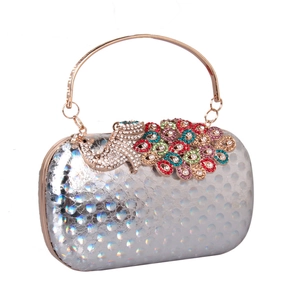 Peacock Rhinestone Evening Clutch Bag Laser Holographic PU Leather Metal Ring Handle Party Wedding Elegant Purse For Women
