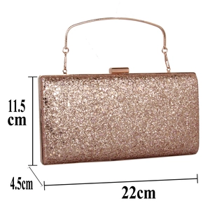 Detailed dimensions of rose gold sequin clutch bag showing width height and depth