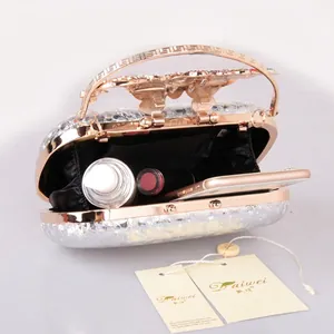 Silver sequin evening clutch bag with gold trim and butterfly clasp detail on white background