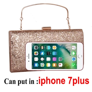 Close-up of rose gold glitter evening clutch bag showing interior space for a smartphone
