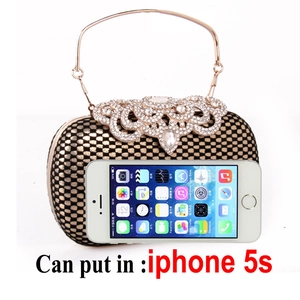 Lace grid PU evening clutch with rhinestone buckle and gold handle showing phone capacity