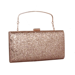 Detail of champagne gold sequin clutch bag showing glitter texture and metallic frame