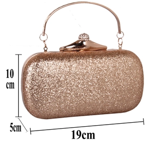 Glitter evening clutch with metal handle and dimensions 19cm x 10cm x 5cm indicated