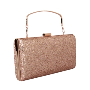 Sparkling rose gold sequin evening clutch bag with metal handle and hard shell frame