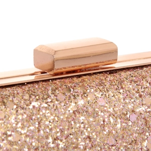 Elegant rose gold sequin clutch bag with metallic frame and rectangular clasp closure