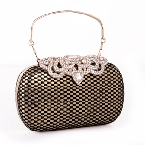 Luxury black and gold lace PU leather evening clutch bag with sparkling diamond buckle