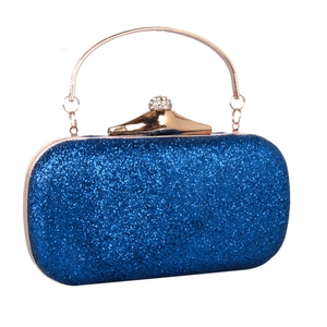 Blue glitter evening clutch featuring a gold metal handle and a sparkling diamond clasp