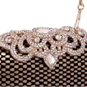 Elegant gold and black lace grid evening clutch with luxury diamond encrusted closure