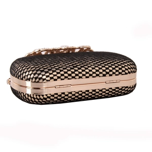Elegant lace grid PU leather evening clutch bag with gold trim and rhinestone clasp
