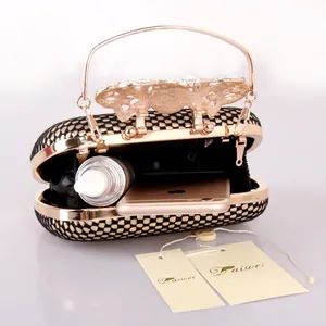 Black lace mesh PU leather clutch bag with golden butterfly clasp and interior storage