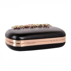 Elegant black PU leather hard shell clutch with rose gold frame and crystal floral clasp