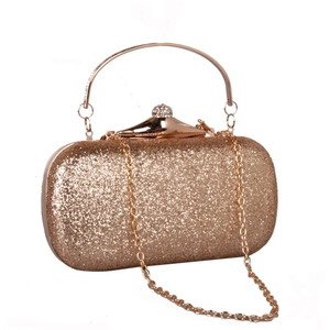 Detail of glitter champagne evening clutch featuring rhinestone clasp and metal handle