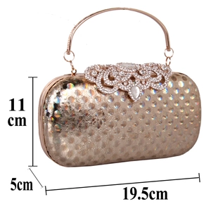 Champagne gold evening clutch with rhinestone accents and precise 19.5x11x5cm size details
