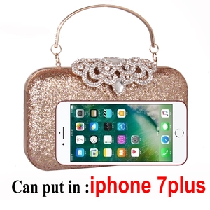 Champagne gold sequin clutch bag detail showing interior capacity for iPhone 7 Plus size