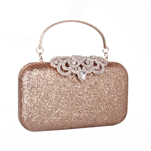 Elegant rose gold sequin evening clutch with metal ring handle and rhinestone closure