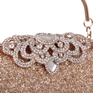 Elegant champagne gold sequin evening clutch bag with rhinestone floral pattern and gem