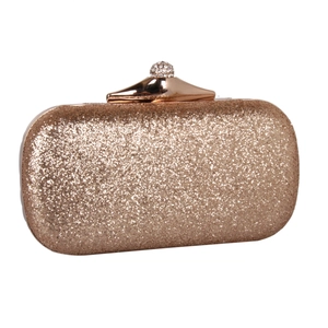 Detail of champagne gold evening clutch featuring shimmering sequins and a rhinestone clasp