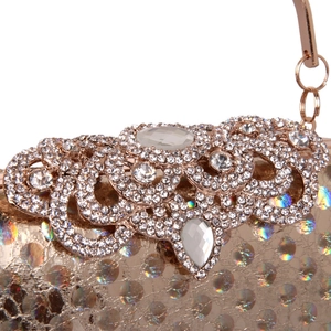 Elegant gold leather evening clutch with sparkling rhinestones and crystal scroll patterns