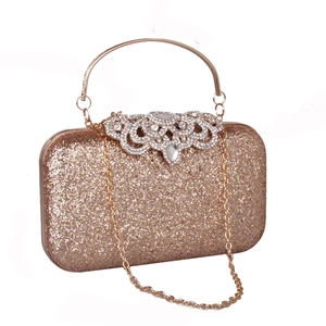 Champagne gold evening clutch with sparkly sequins and hollow rhinestone metal handle