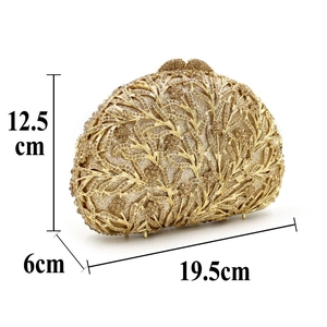Luxurious gold evening clutch bag with crystal rhinestones and hollow metal leaf design