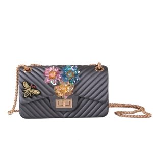 Women Frosted Silicone Crossbody Bag Chevron Quilted Jelly Shoulder Bag With 3D Flower And Bee Embroidery Golden Chain